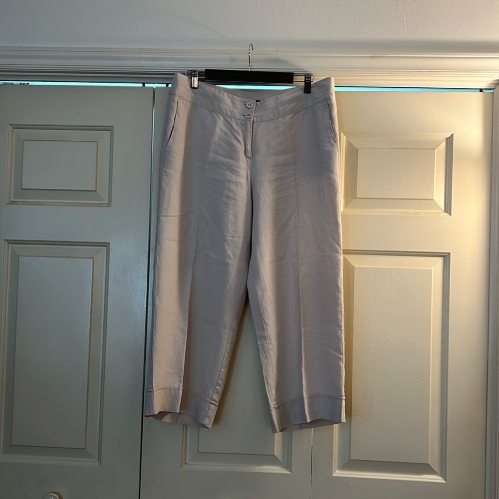 J.Jill natural color linen cropped pants with faux cuff two button and zipper 14